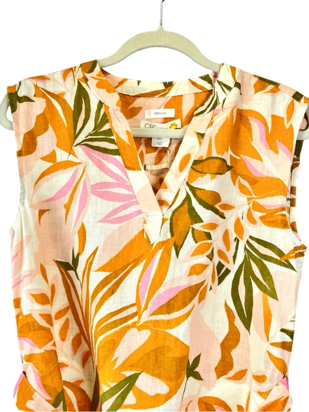 NEW C&C California 100% Linen Dress Multicolor Tropical Leafy Palm Print S NWT - Picture 3 of 9